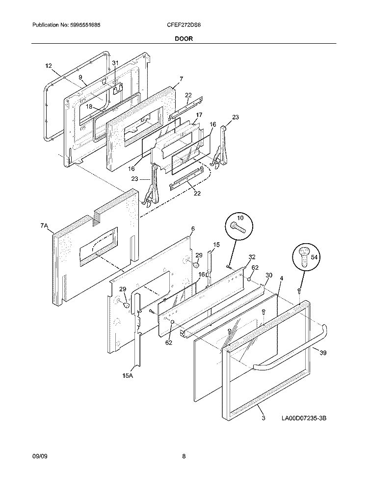 DOOR Diagram and Parts List for CFEF272DS6  Frigidaire Range