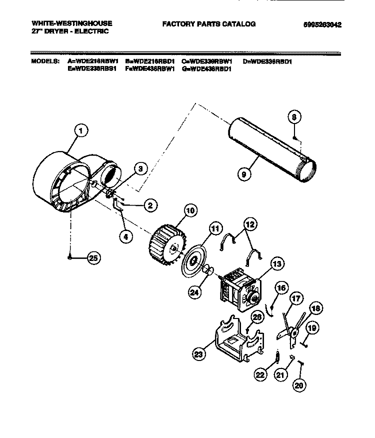 MOTOR, BLOWER HOUSING Diagram and Parts List for WDE216RBD1  Frigidaire Dryer