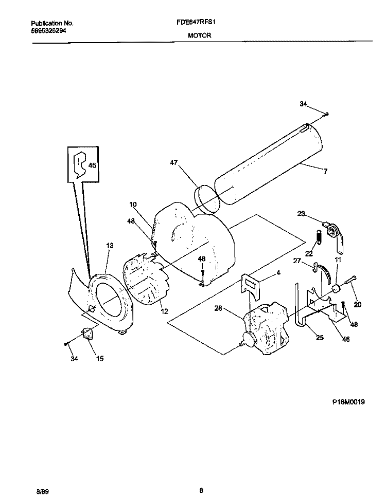 P16M0019 MOTOR, BLOWER Diagram and Parts List for FDE647RFS1  Frigidaire Dryer