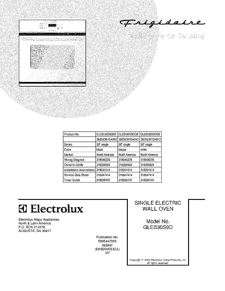 COVER Diagram and Parts List for GLEB30S9DQB  Frigidaire Wall Oven