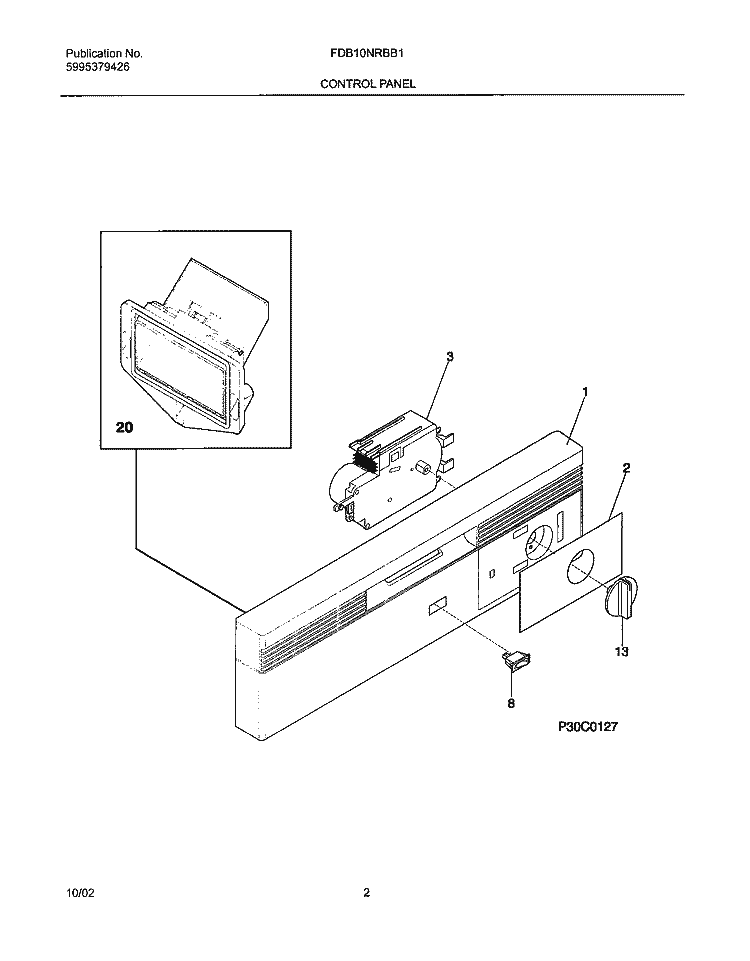 CONTROL PANEL Diagram and Parts List for FDB10NRBB1  Frigidaire Dishwasher