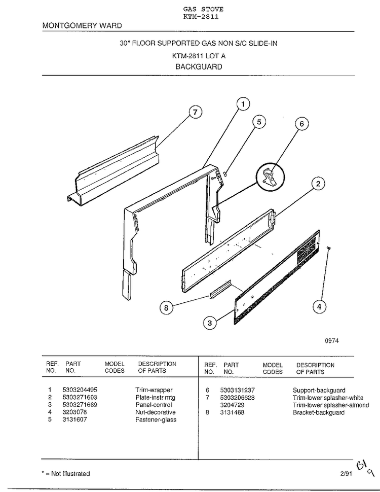 Backguard Diagram and Parts List for 2811  Frigidaire Range