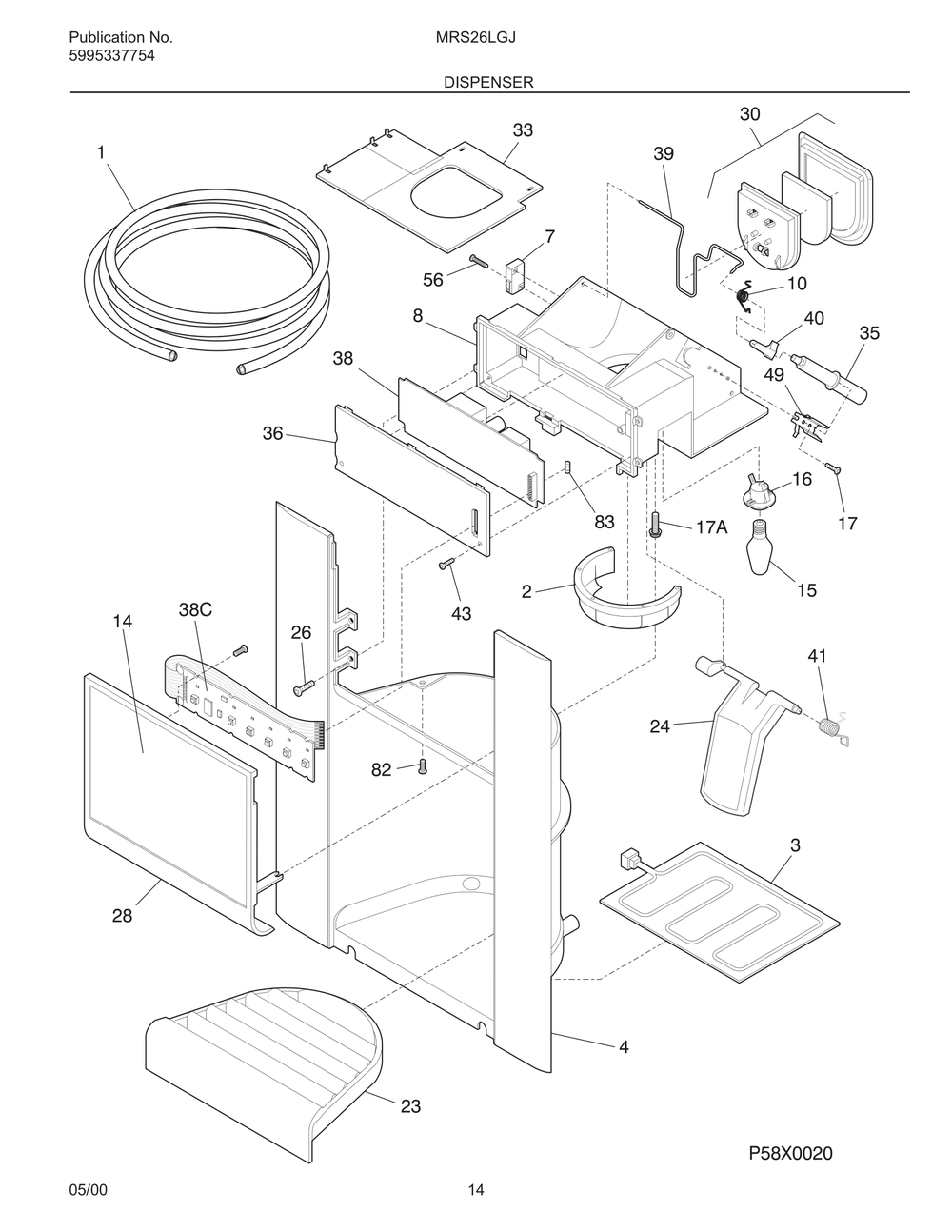 Dispenser Diagram and Parts List for MRS26LGJW1  Frigidaire Refrigerator