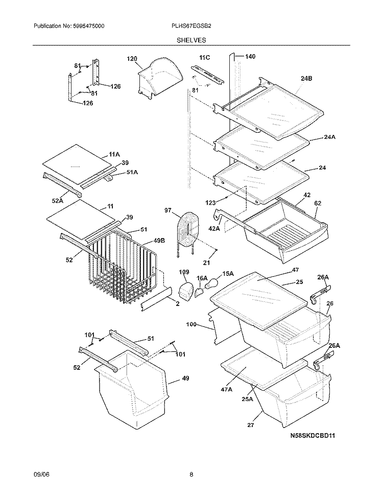 SHELVES Diagram and Parts List for PLHS67EGSB2  Frigidaire Refrigerator