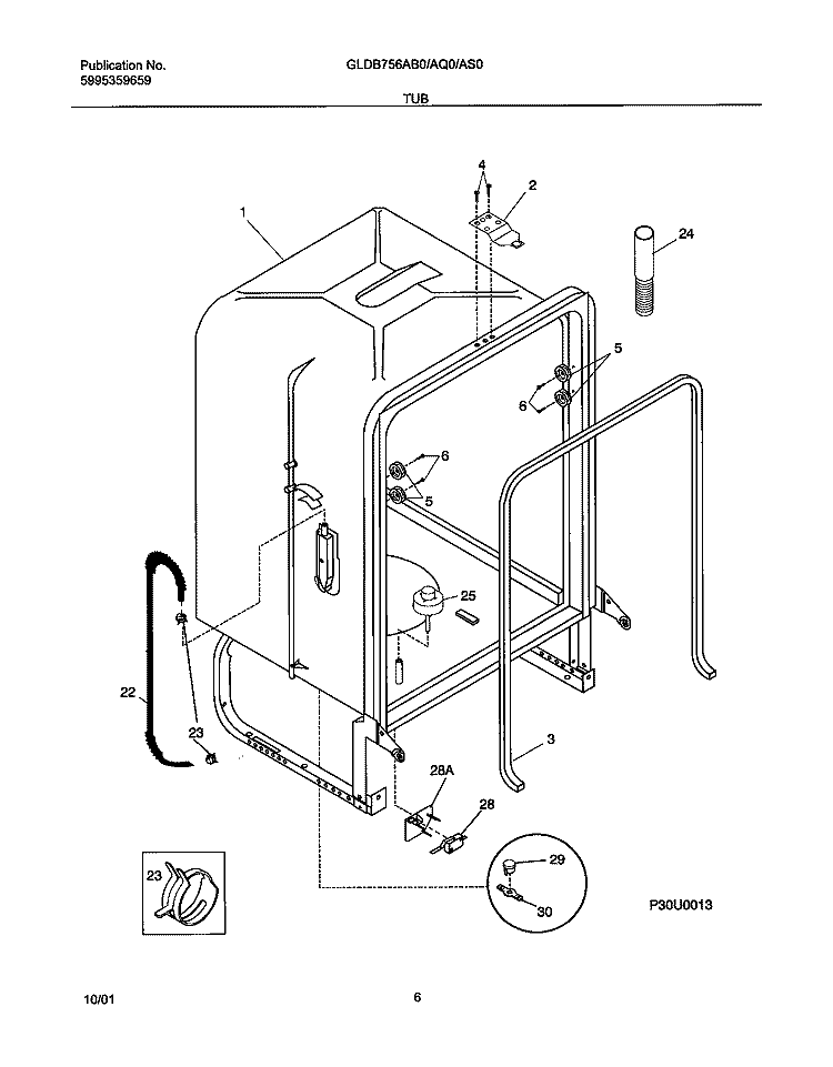 TUB Diagram and Parts List for GLDB756AB0  Frigidaire Dishwasher