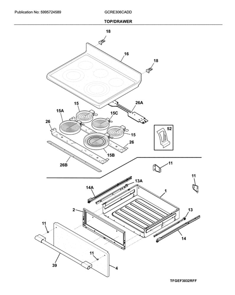 Top/Drawer Diagram and Parts List for GCRE306CADD  Frigidaire Range