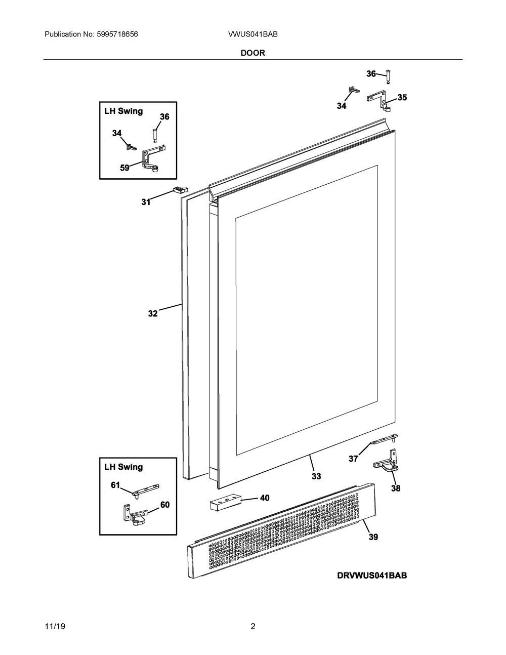 Door Diagram and Parts List for VWUS041BAB  Frigidaire Wine and Beverage Cooler