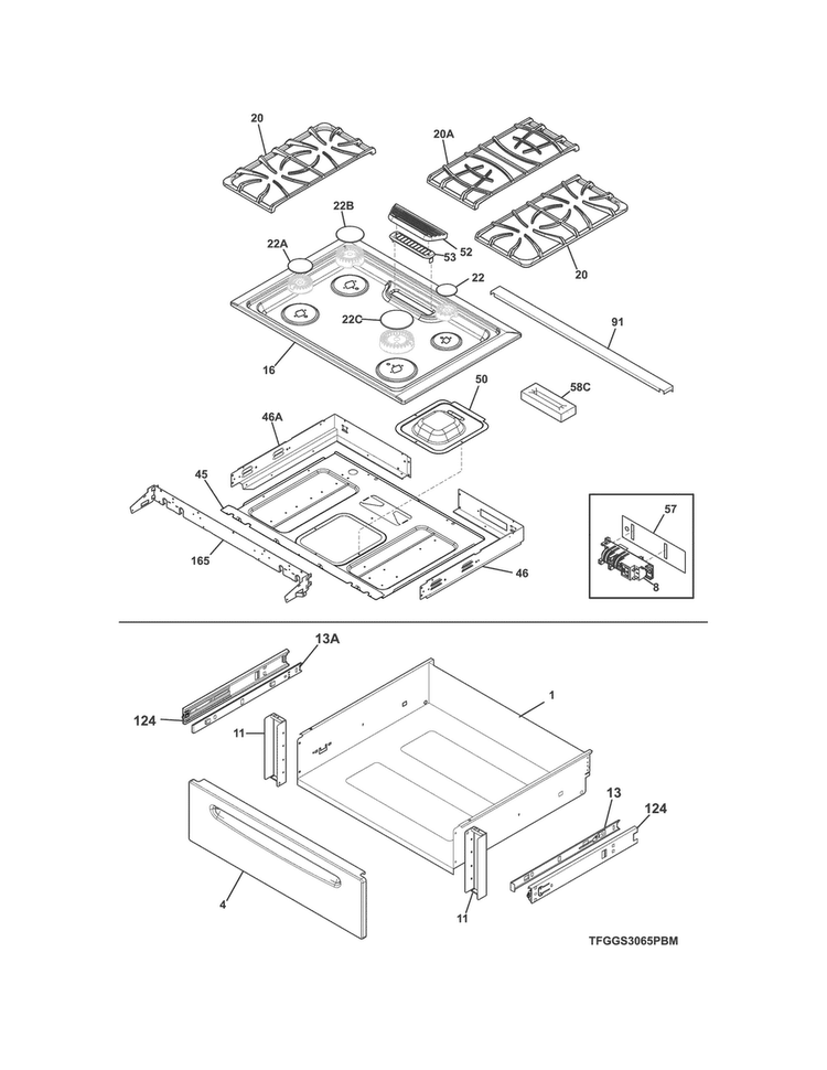Top/drawer Diagram and Parts List for FGGS3065PBM  Frigidaire Range
