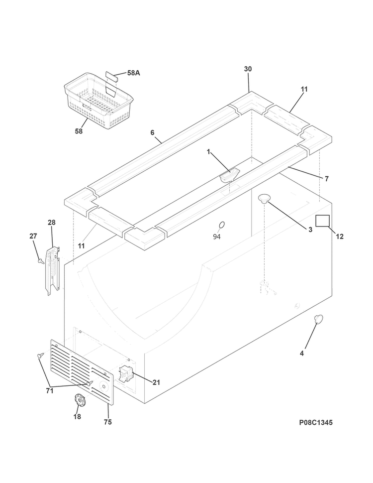 Cabinet Diagram and Parts List for 25312810510  Kenmore Freezer