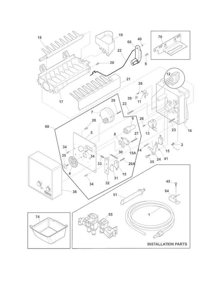 Freezer Ice Maker Diagram and Parts List for EW23BC85KS5  Electrolux Refrigerator