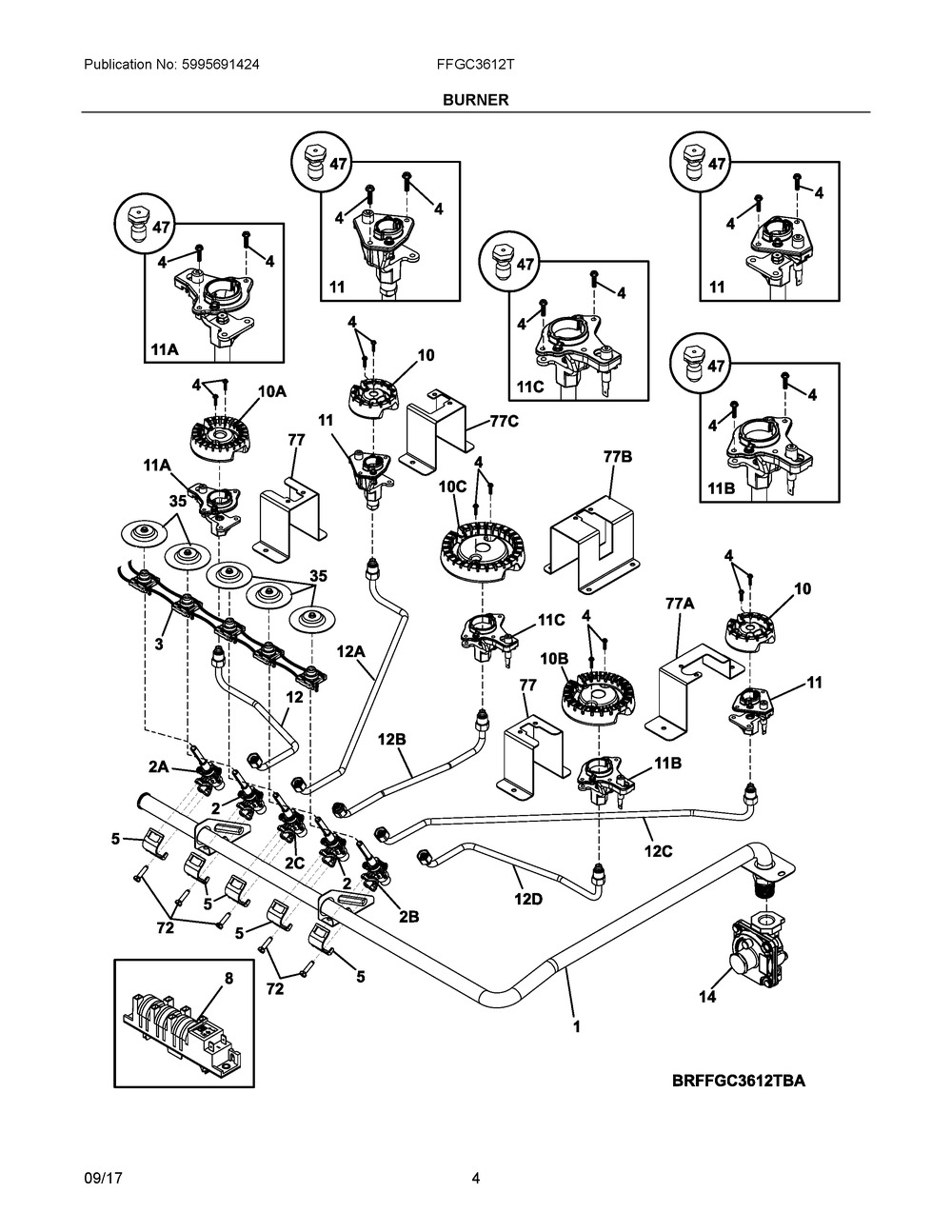 Burner Diagram and Parts List for FFGC3612TSA  Frigidaire Cooktop