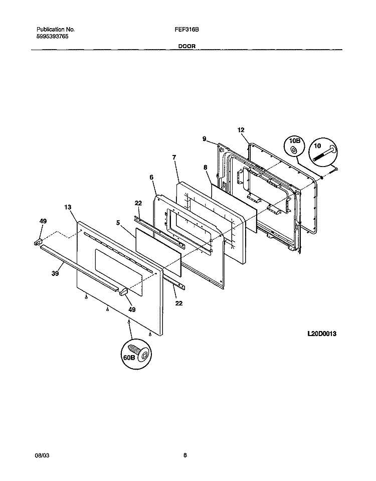 DOOR Diagram and Parts List for FEF316BSB  Frigidaire Range