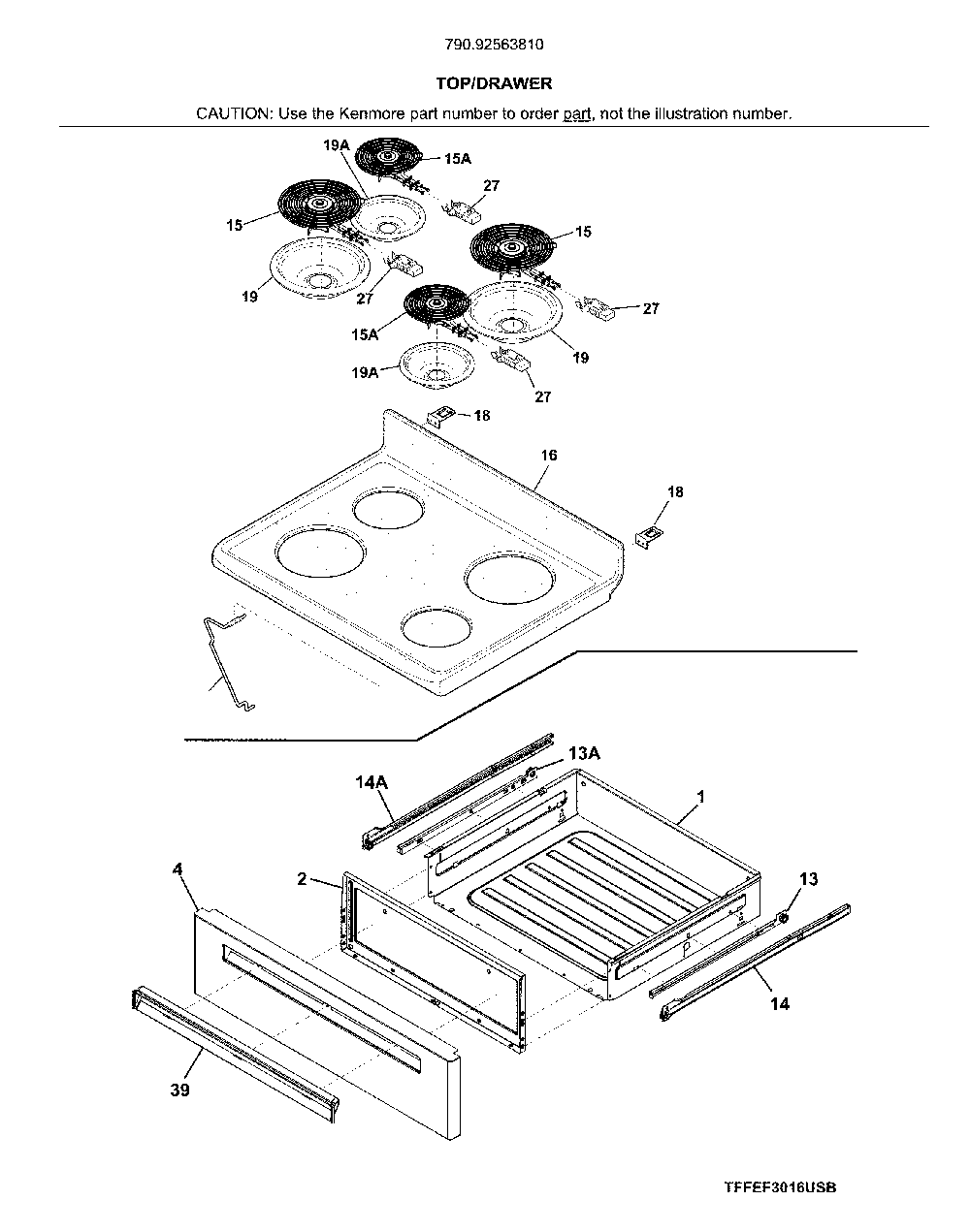 Top/drawer Diagram and Parts List for 79092563810  Kenmore Range