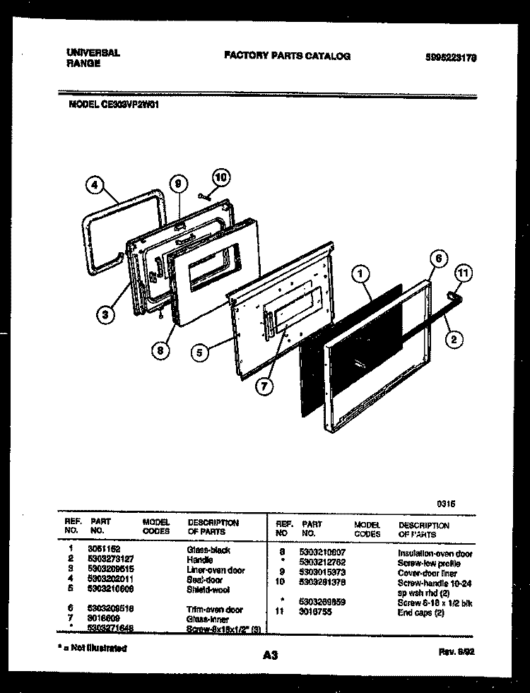 DOOR PARTS Diagram and Parts List for CE303VP2H01  Frigidaire Range