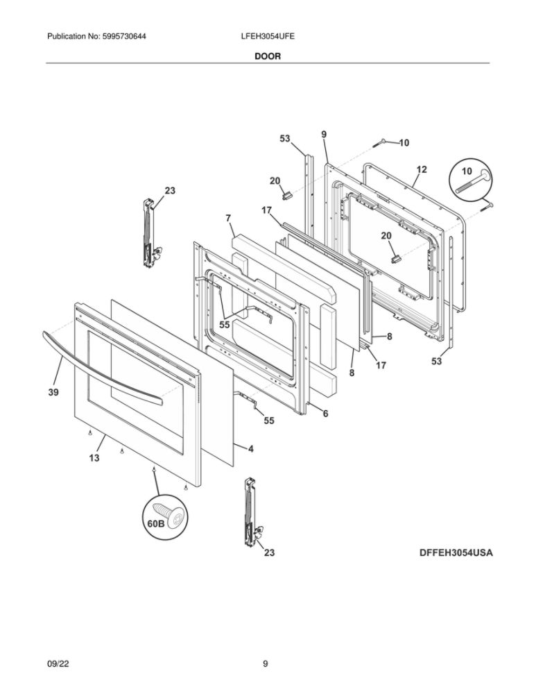 Door Diagram and Parts List for LFEH3054UFE  Frigidaire Range