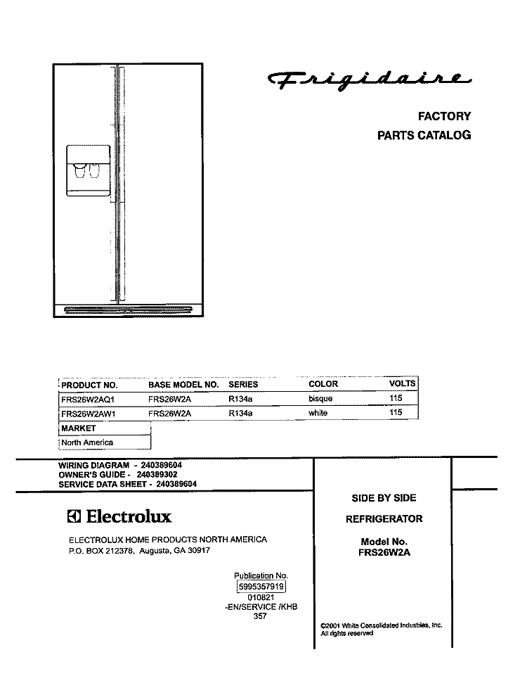 COVER Diagram and Parts List for FRS26W2AQ1  Frigidaire Refrigerator