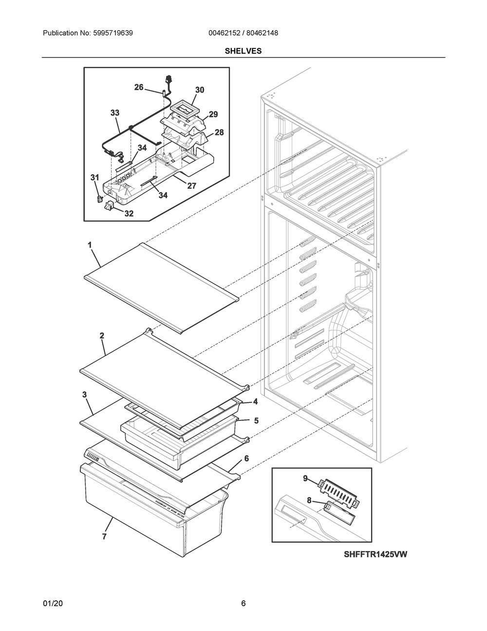 Shelves Diagram and Parts List for K80462148A  Frigidaire Refrigerator