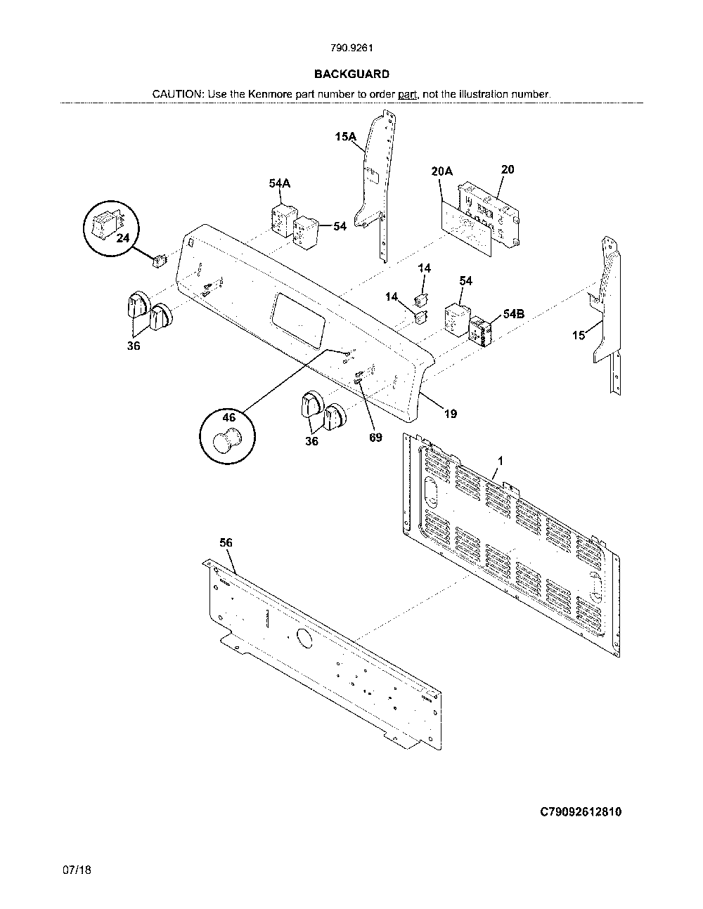 Backguard Diagram and Parts List for 79092619810  Kenmore Range