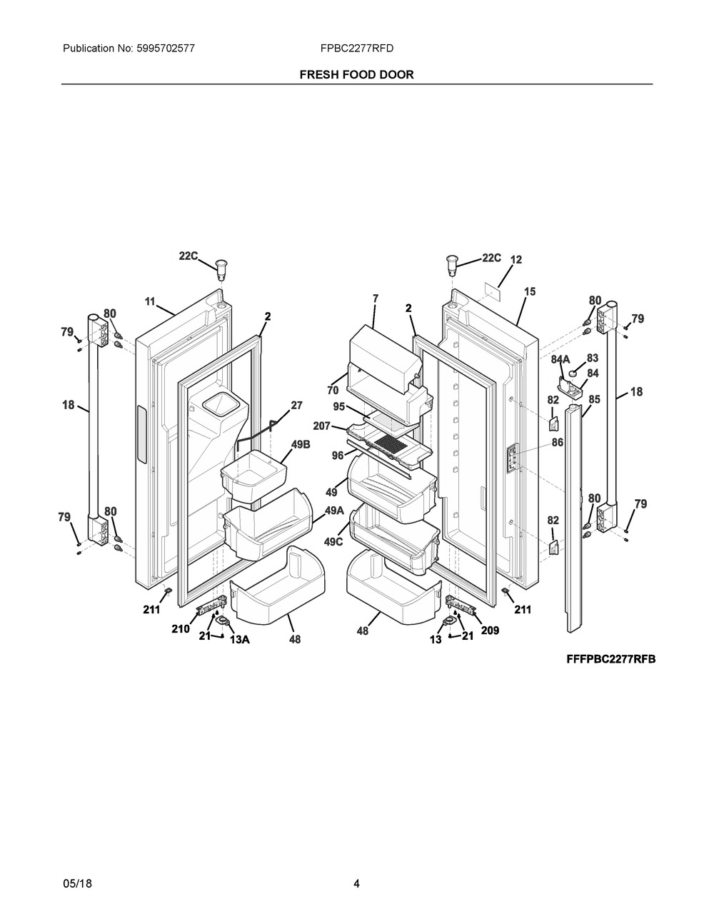Fresh Food Door Diagram and Parts List for FPBC2277RFD  Frigidaire Refrigerator