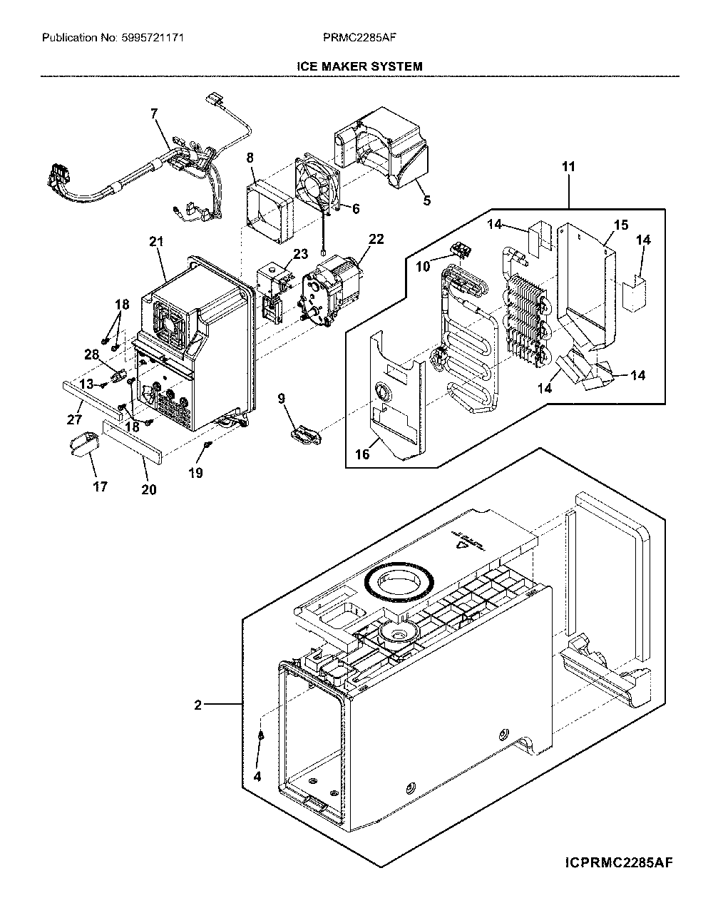 Ice maker system Diagram and Parts List for PRMC2285AF  Frigidaire Refrigerator