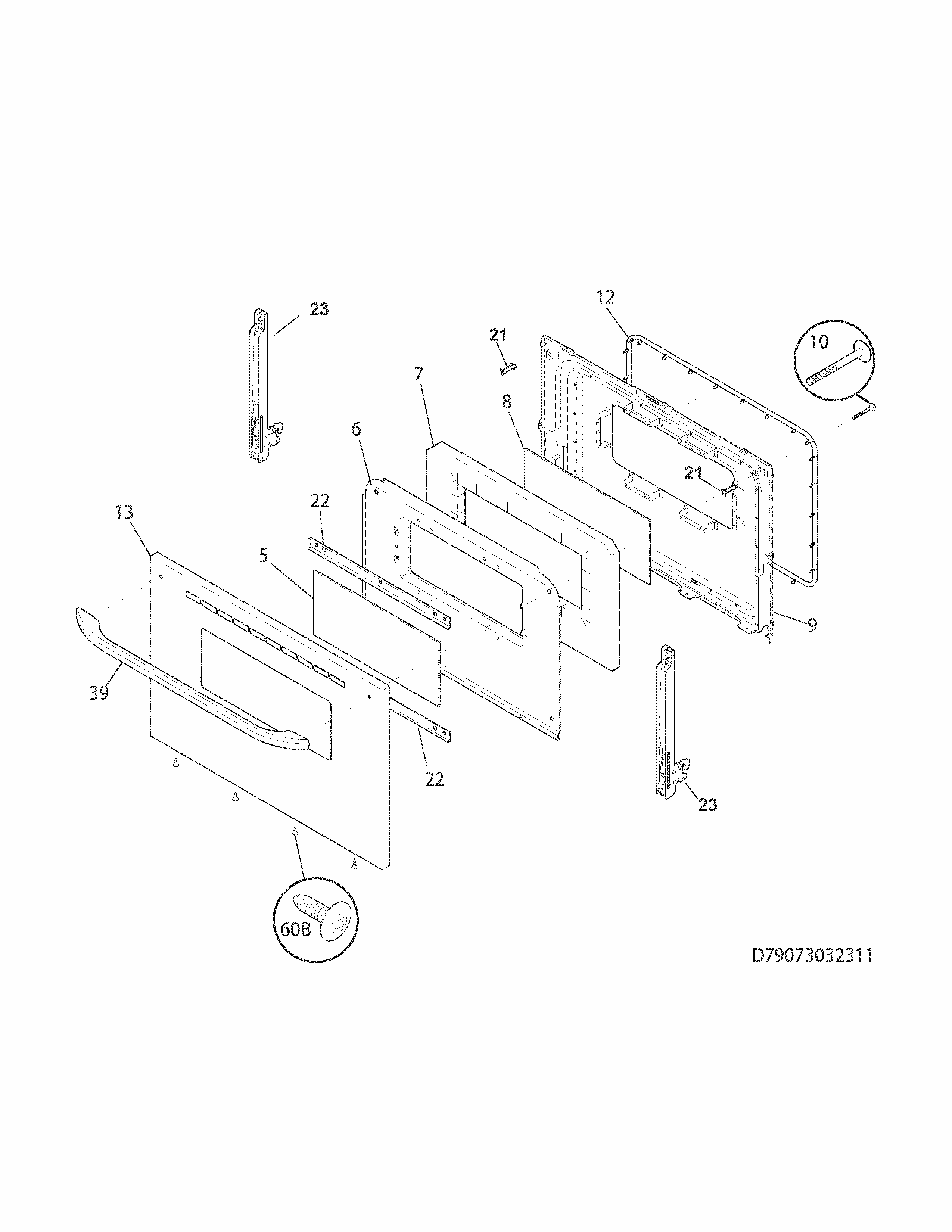 Door Diagram and Parts List for 79073039311  Kenmore Range