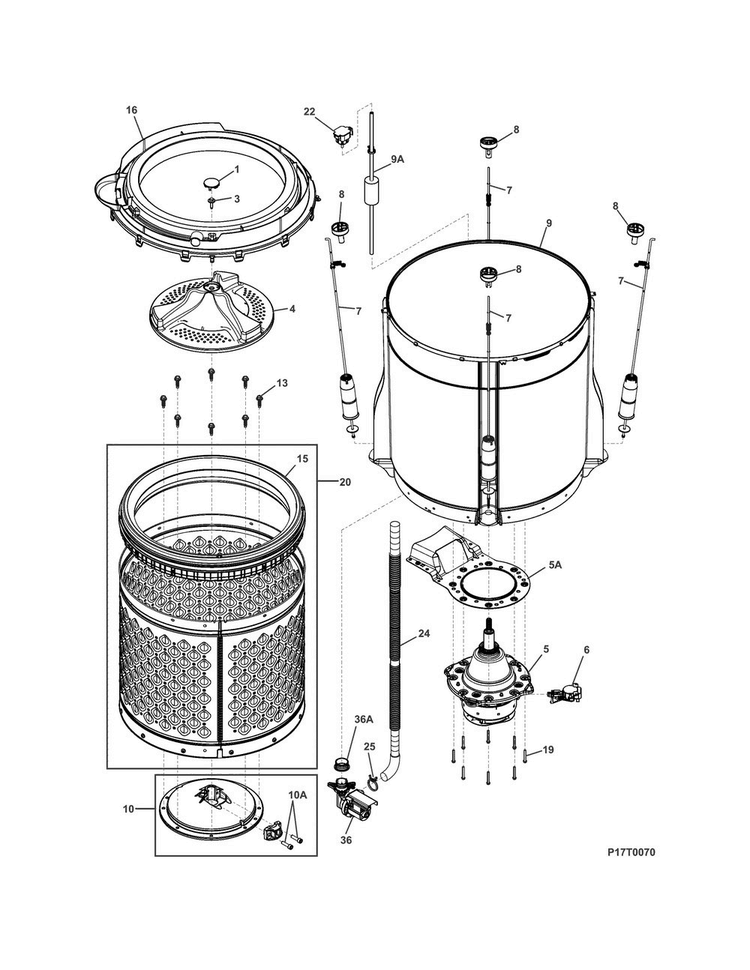 Motor/tub Diagram and Parts List for SFLG3911RW0  Frigidaire Washer Dryer Combo