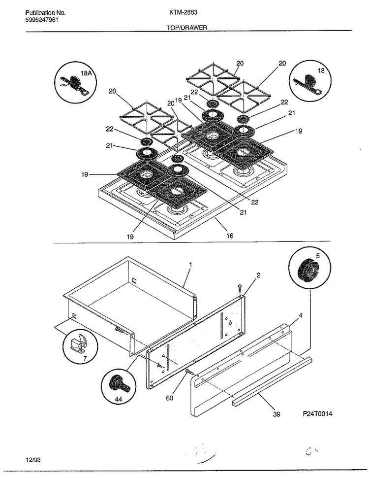 Top/drawer Diagram and Parts List for 2883-81B  Frigidaire Range