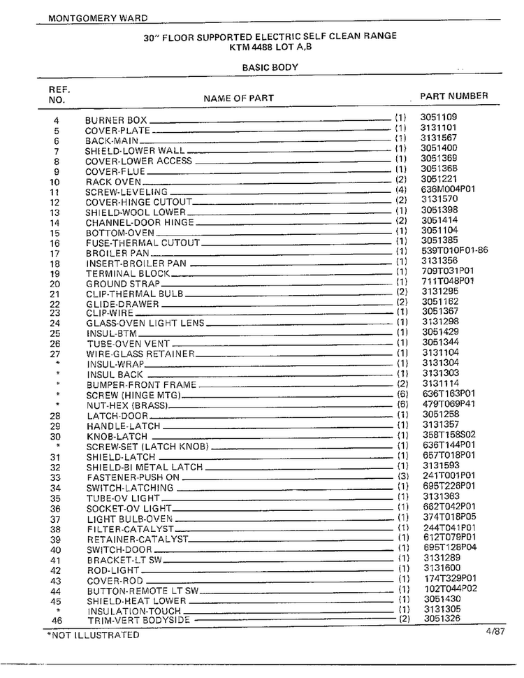 30" Floor/basic Body Page 2 Diagram and Parts List for 4488B  Frigidaire Range