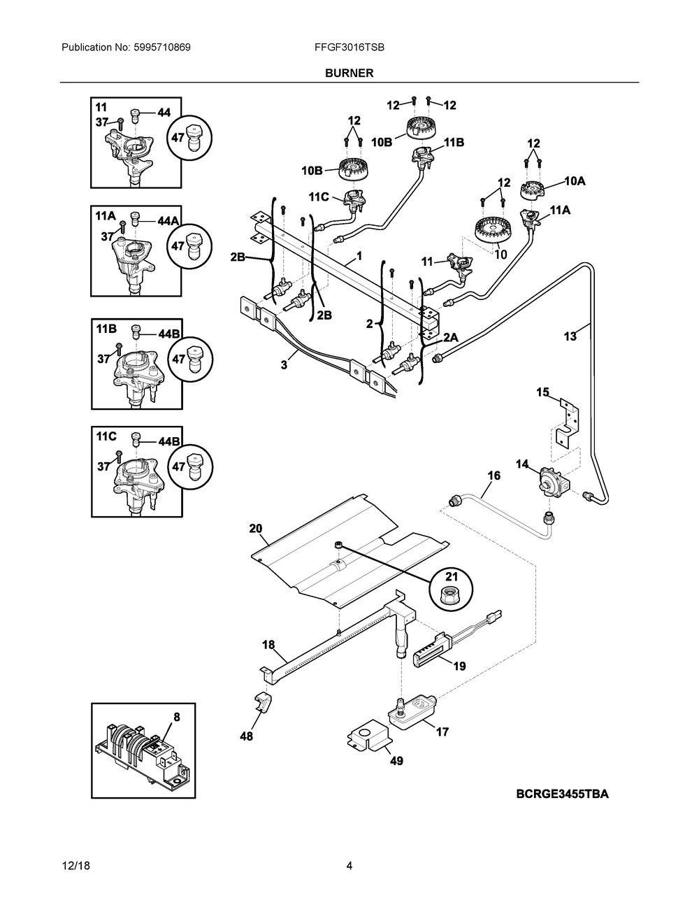Burner Diagram and Parts List for FFGF3016TSB  Frigidaire Range