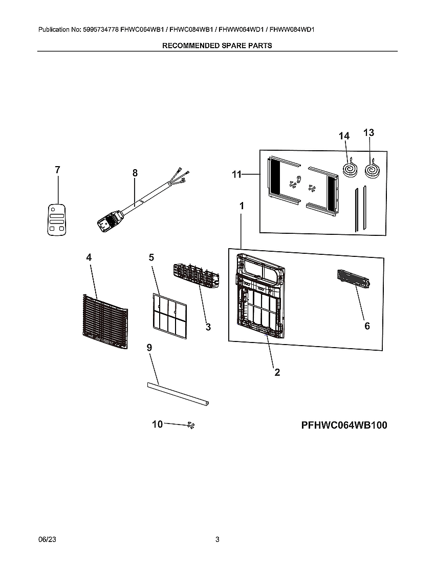 Recommended Spare Parts Diagram and Parts List for FHWC064WB100  Electrolux Air Conditioner