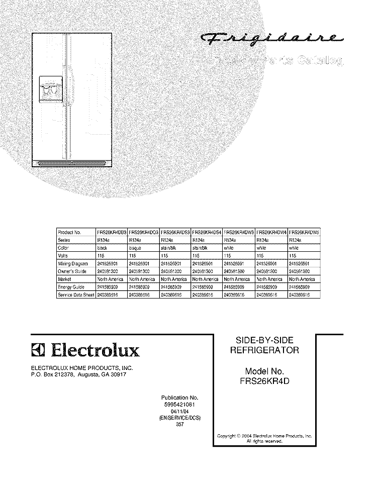 COVER Diagram and Parts List for FRS26KR4DW4  Frigidaire Refrigerator