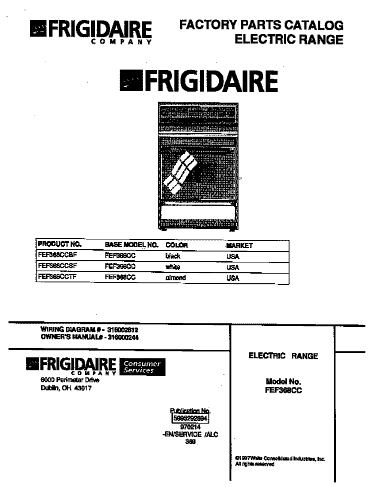 COVER Diagram and Parts List for FEF368CCTF  Frigidaire Range