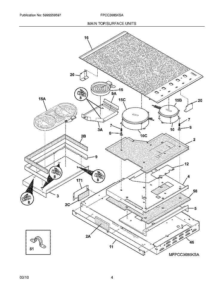 MAINTOP/SURFACE UNITS Diagram and Parts List for FPCC3685KSA  Frigidaire Cooktop