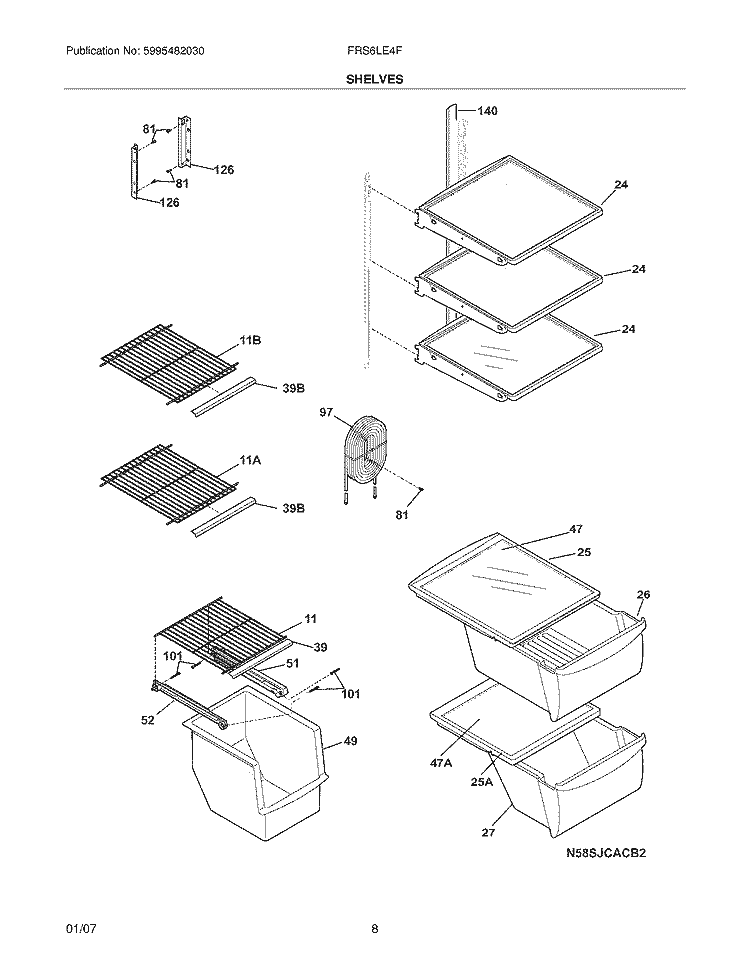 SHELVES Diagram and Parts List for FRS6LE4FB0  Frigidaire Refrigerator