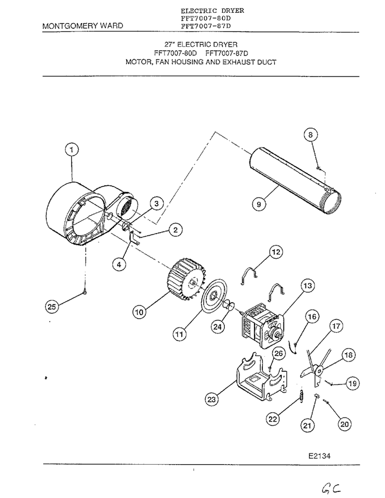 Motor, Fan Housing And Exhaust Duct Diagram and Parts List for 7007-80D  Frigidaire Dryer