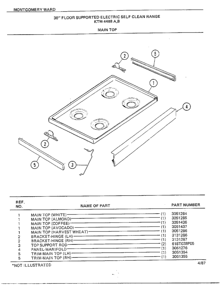 30" Floor/main Top Diagram and Parts List for 4488B  Frigidaire Range
