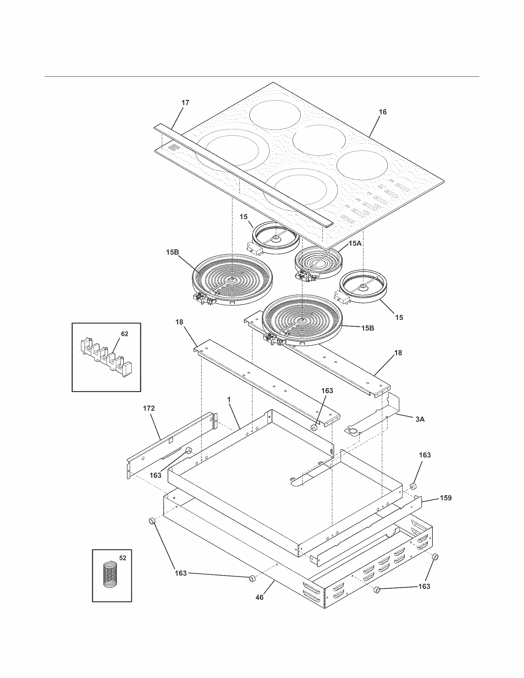 Main Top/surface Units Diagram and Parts List for 79045409410  Kenmore Cooktop