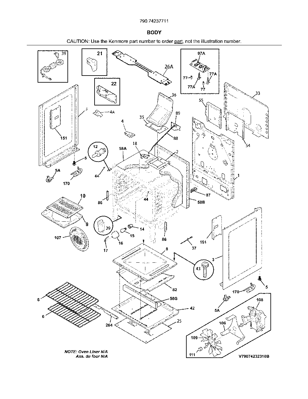 Body Diagram and Parts List for 79074237711  Kenmore Range