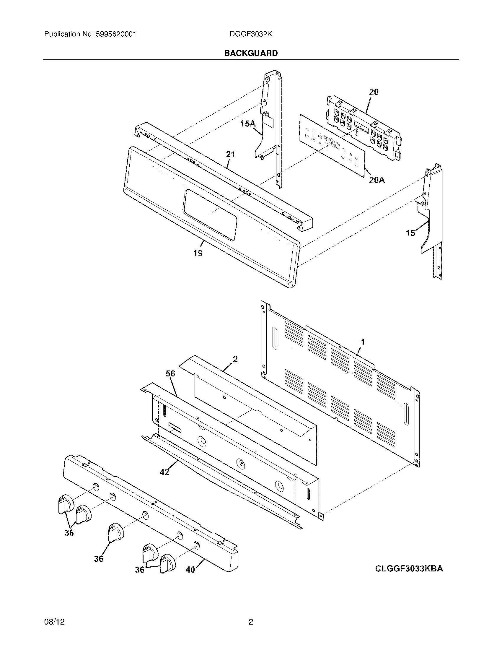 03 - BACKGUARD Diagram and Parts List for DGGF3032KBK  Frigidaire Range