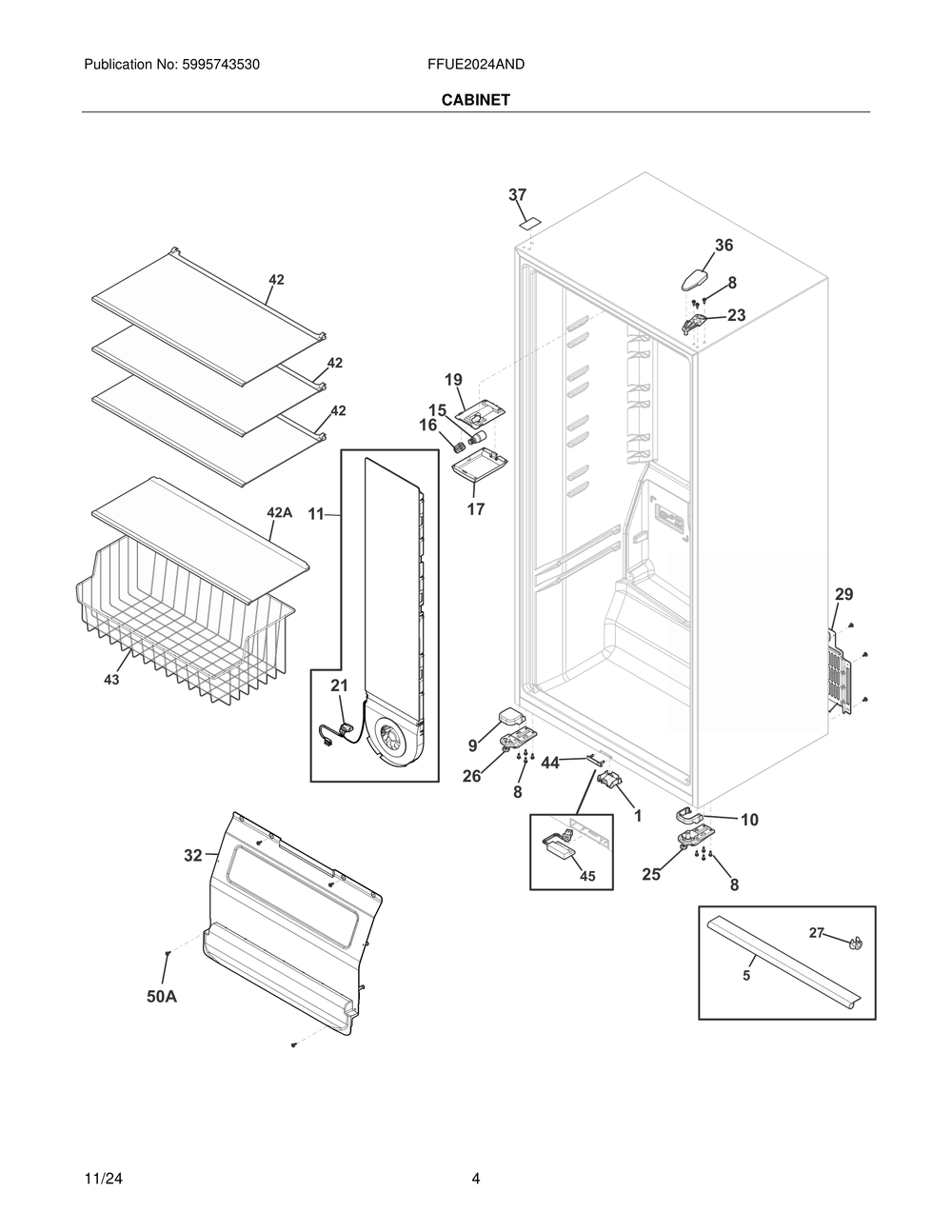 Cabinet Diagram and Parts List for FFUE2024AND  Frigidaire Freezer