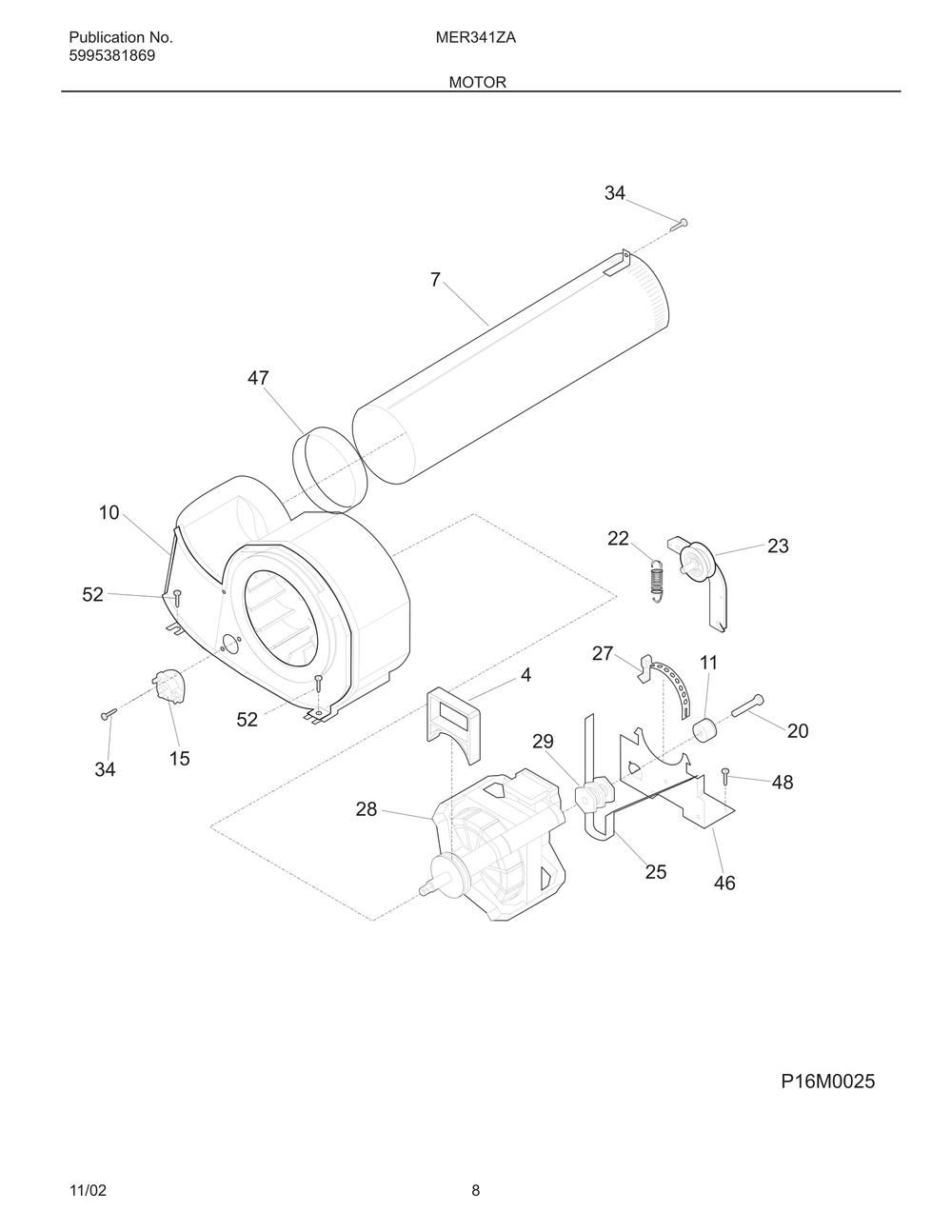 Motor Diagram and Parts List for MER341ZAQ2  Frigidaire Dryer