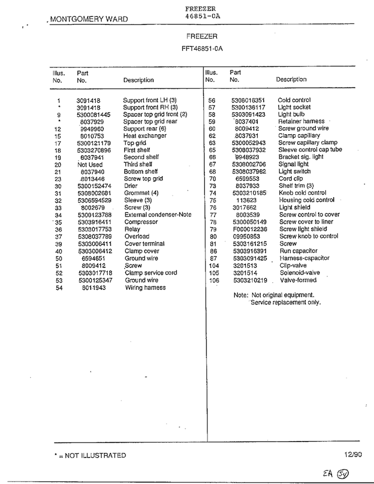 Freezer Page 6 Diagram and Parts List for 46851-0A  Frigidaire Freezer