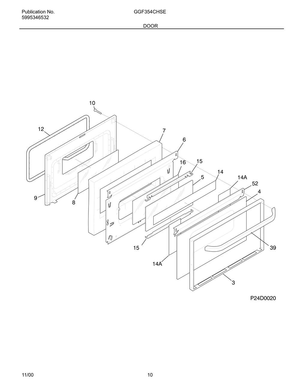 Door Diagram and Parts List for GGF354CGSE  Frigidaire Range