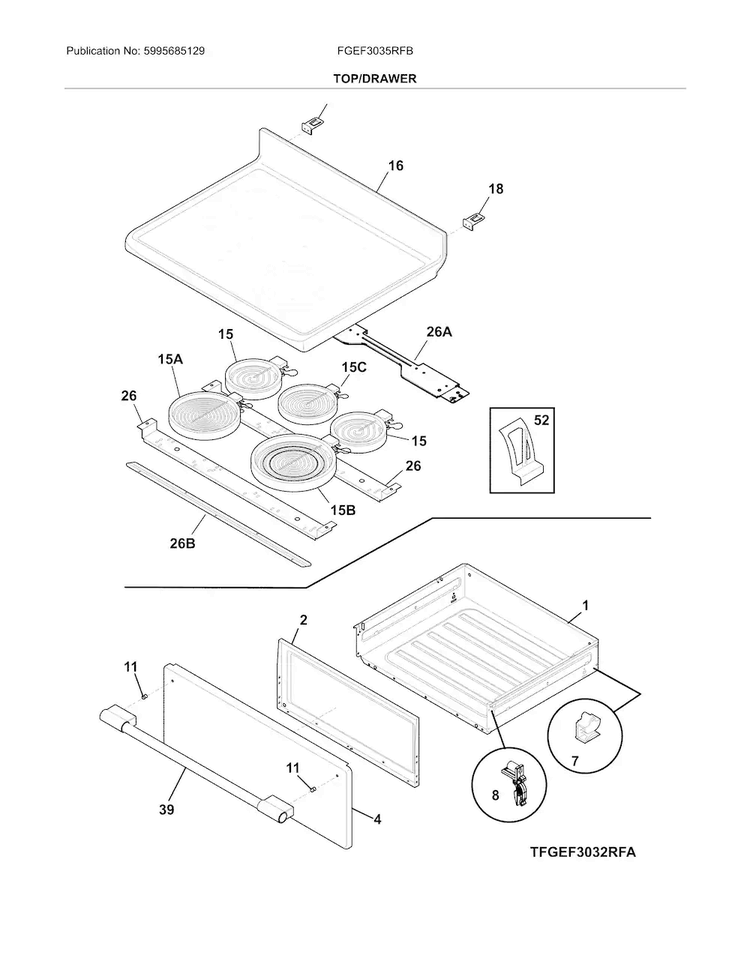 Top/drawer Diagram and Parts List for FGEF3035RFB  Frigidaire Range