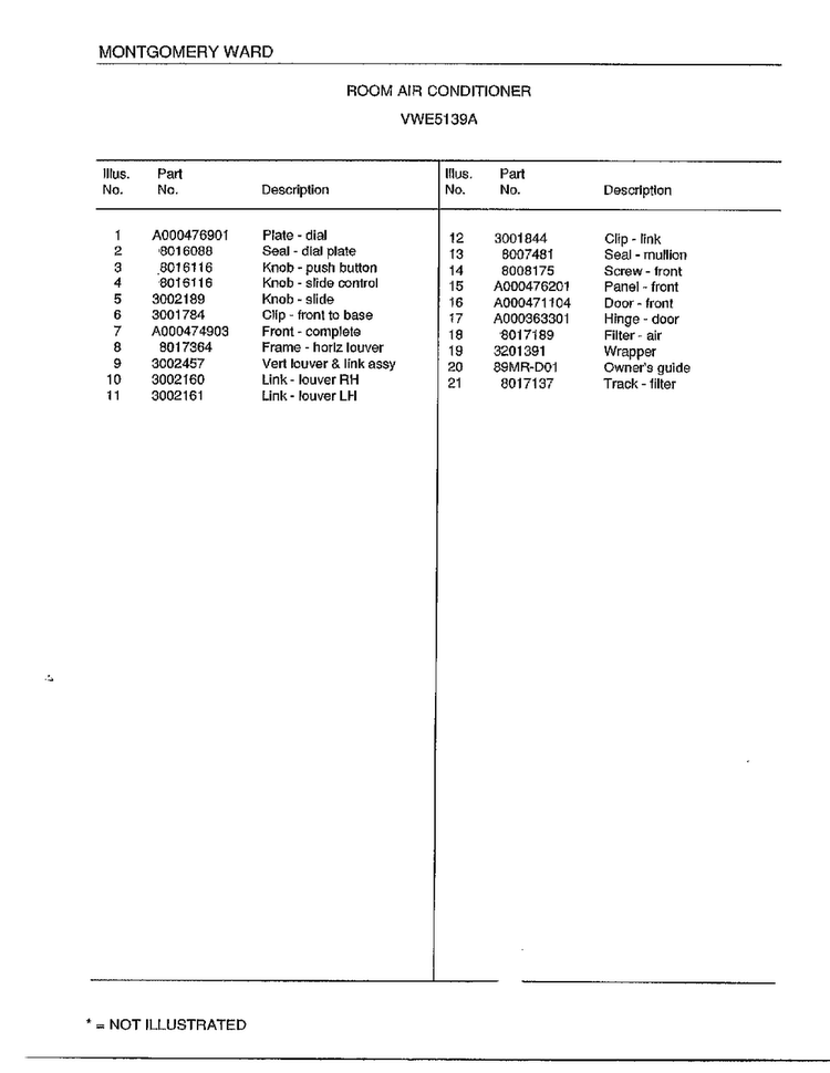 Room Air Conditioner Page 2 Diagram and Parts List for 5139A  Frigidaire Air Conditioner