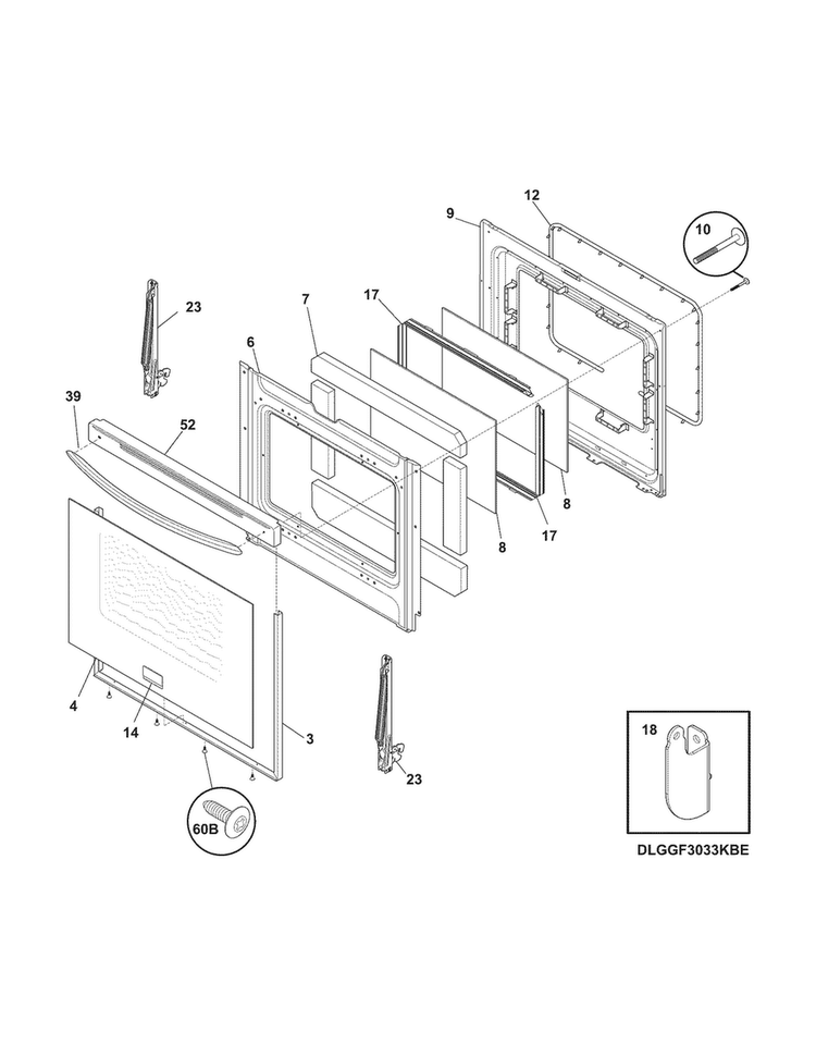 Door Diagram and Parts List for FGGF3054MWE  Frigidaire Range
