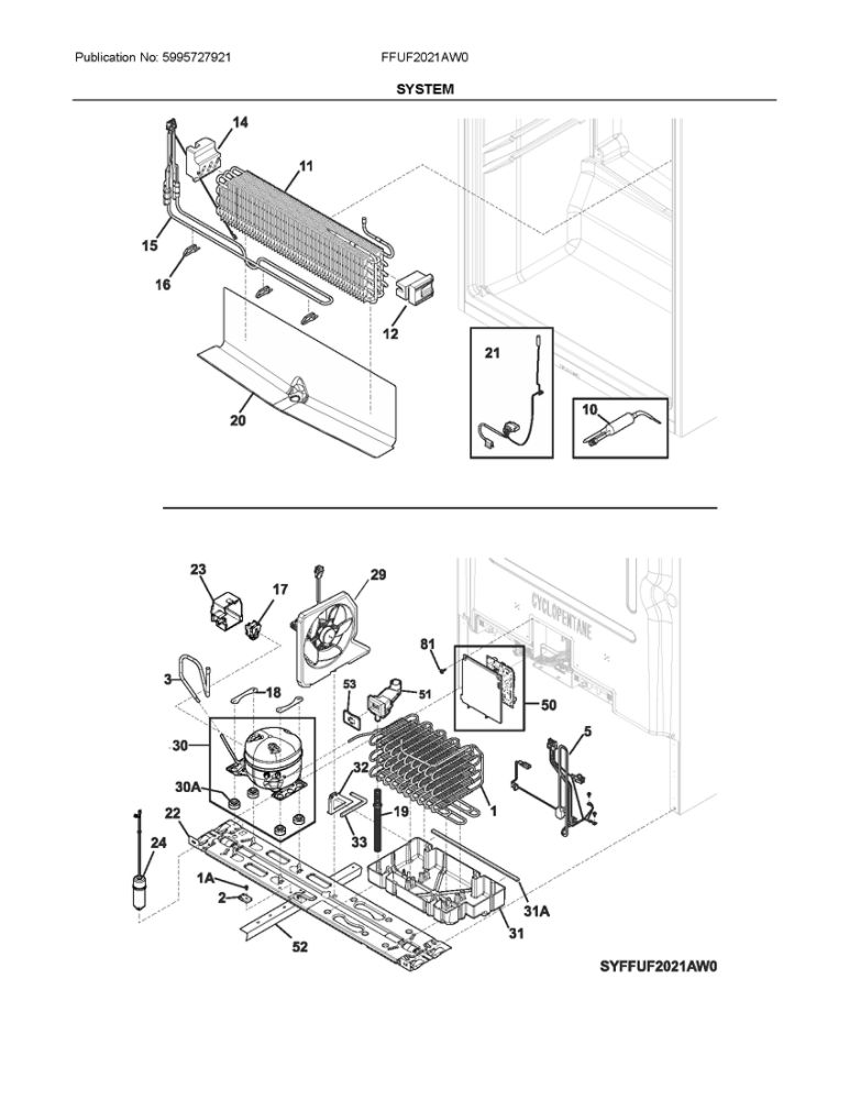 System Diagram and Parts List for FFUF2021AW0  Frigidaire Freezer