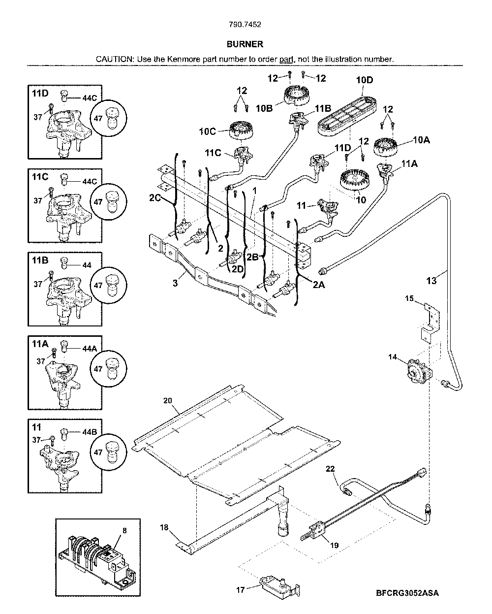 Burner Diagram and Parts List for 79074529910  Kenmore Range