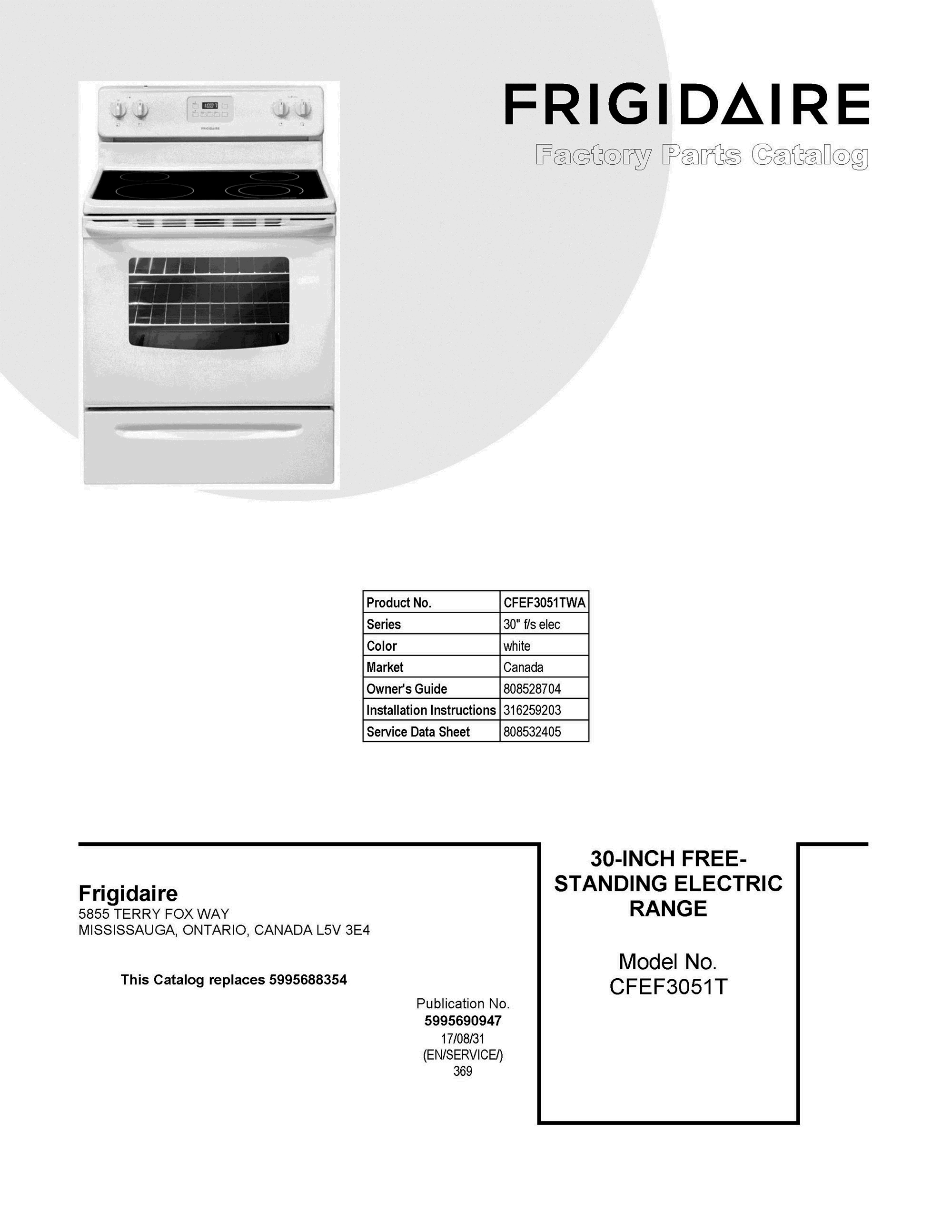01 - COVER SHEET Diagram and Parts List for CFEF3051TWA  Frigidaire Range