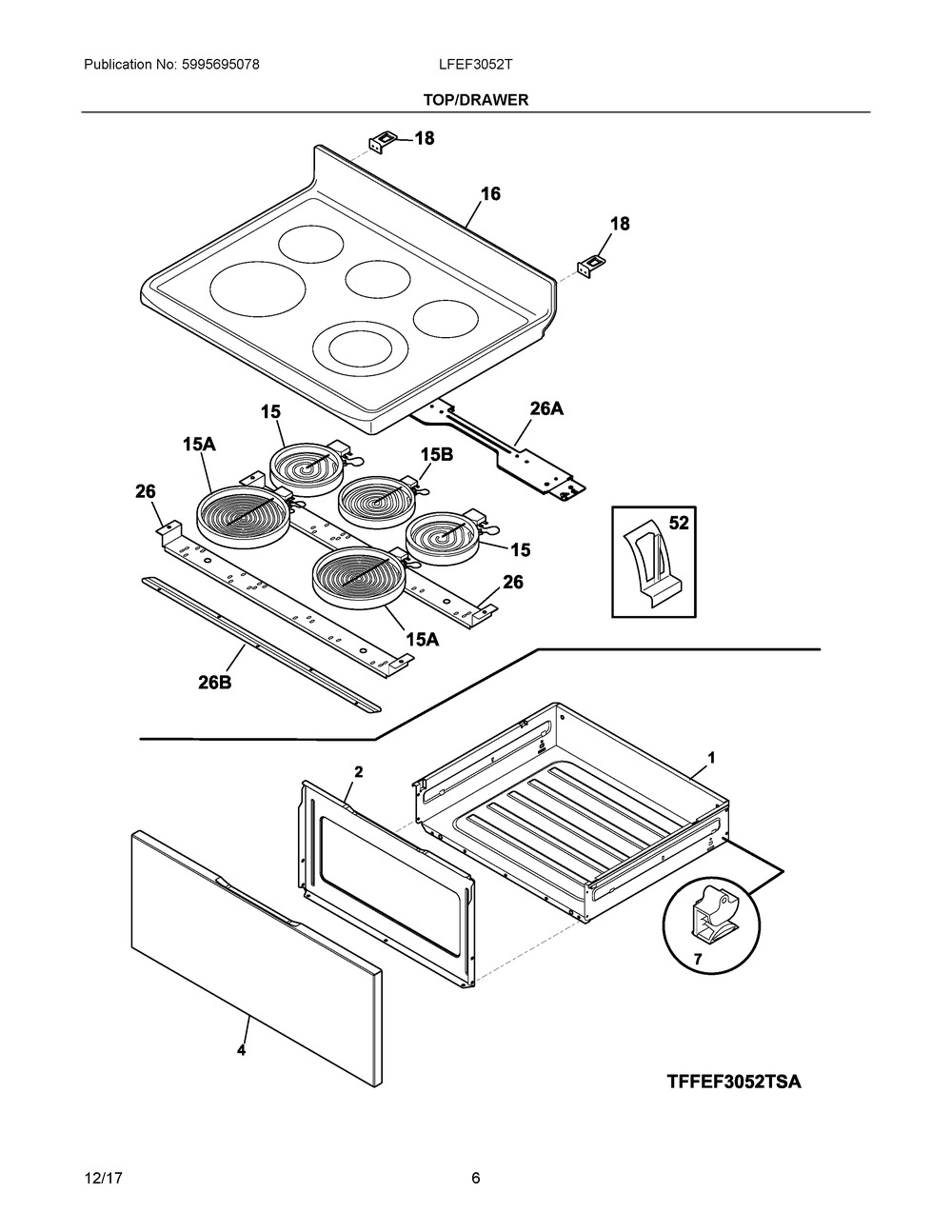 Top/drawer Diagram and Parts List for LFEF3052TFC  Frigidaire Range